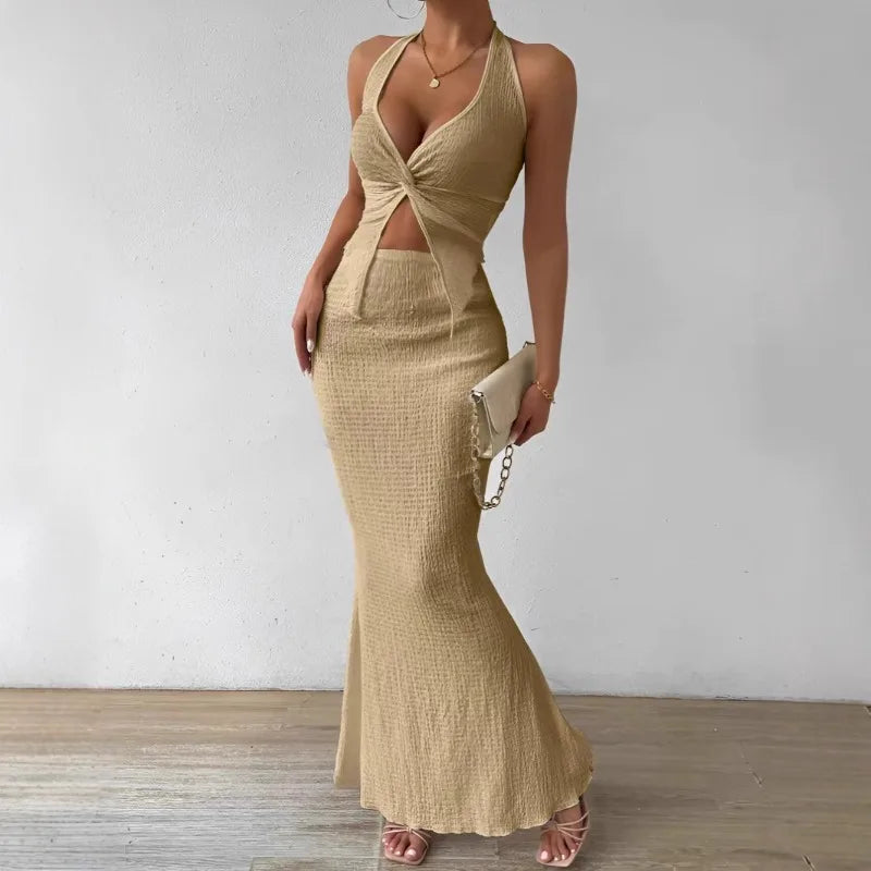 Tuularose White Long Skirt Two Piece Summer Sexy Twist Lace-up Vest Top Tight Long Skirt Set Elegant 2025 Female Long Dress Sets