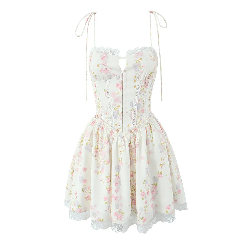 2025 Sexy Floral Print Spliced Lace Collar Corset style Lacing up Sling Dress Women Wood ears Low Waist Swing Mini Dresses Robe