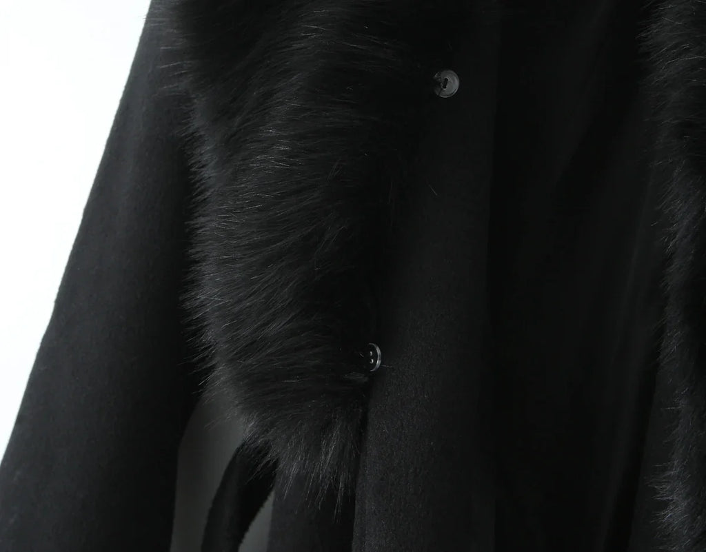 New Autumn Winter Black Shaggy Faux Fur Lapel Collar Woolen Coat Women Bow Sashes Long Sleeve No Button Midi Trench Outerwear