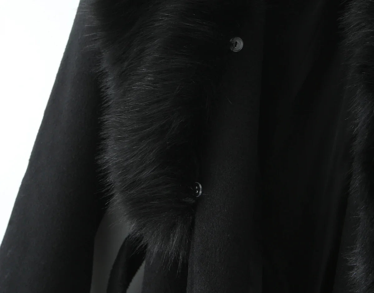 New Autumn Winter Black Shaggy Faux Fur Lapel Collar Woolen Coat Women Bow Sashes Long Sleeve No Button Midi Trench Outerwear