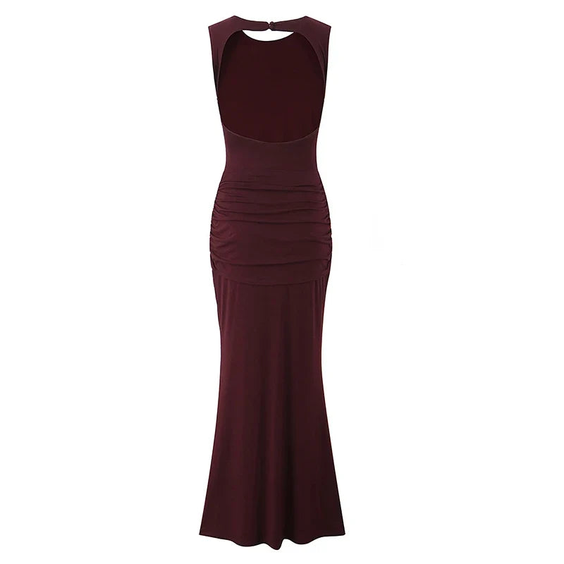 YENKYE Sexy Women's Burgundy Sleeveless Ruched Bodycon Maxi Dress Twist Waist Mermaid Formal Evening Gown for Wedding Party