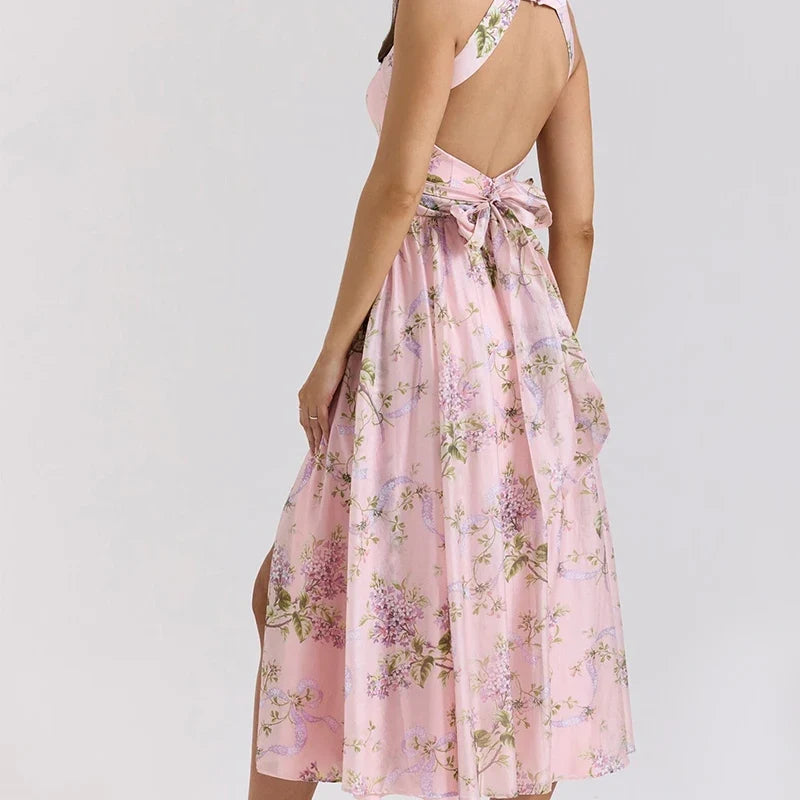 YENKYE Pink Floral Print Sexy Backless Sleeveless Dress Women Low Waist Sexy Slit A-line Midi Long Holiday Summer Dresses 2025