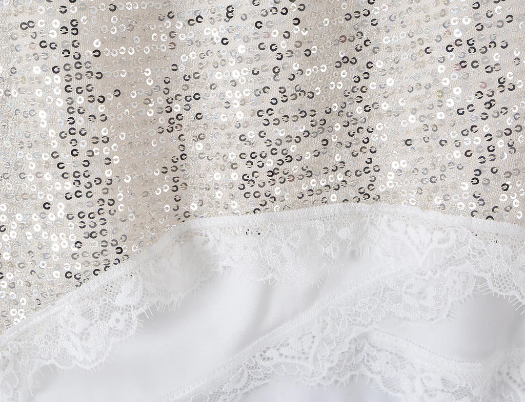 2026 Summer Women White Spliced Silver Sequins Mini Skirt Package Hips 2 Layers Rope Hem Short Skirts Femme Bottom