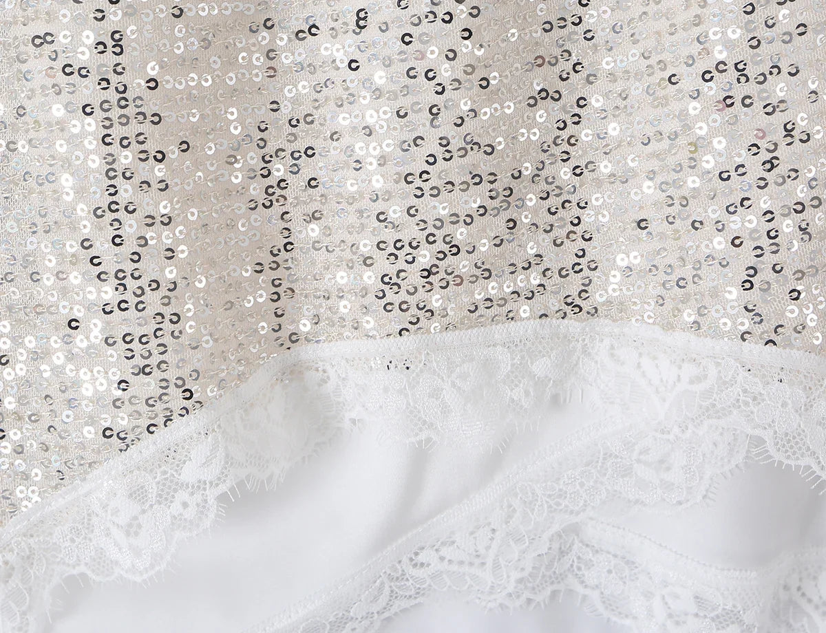 2026 Summer Women White Spliced Silver Sequins Mini Skirt Package Hips 2 Layers Rope Hem Short Skirts Femme Bottom