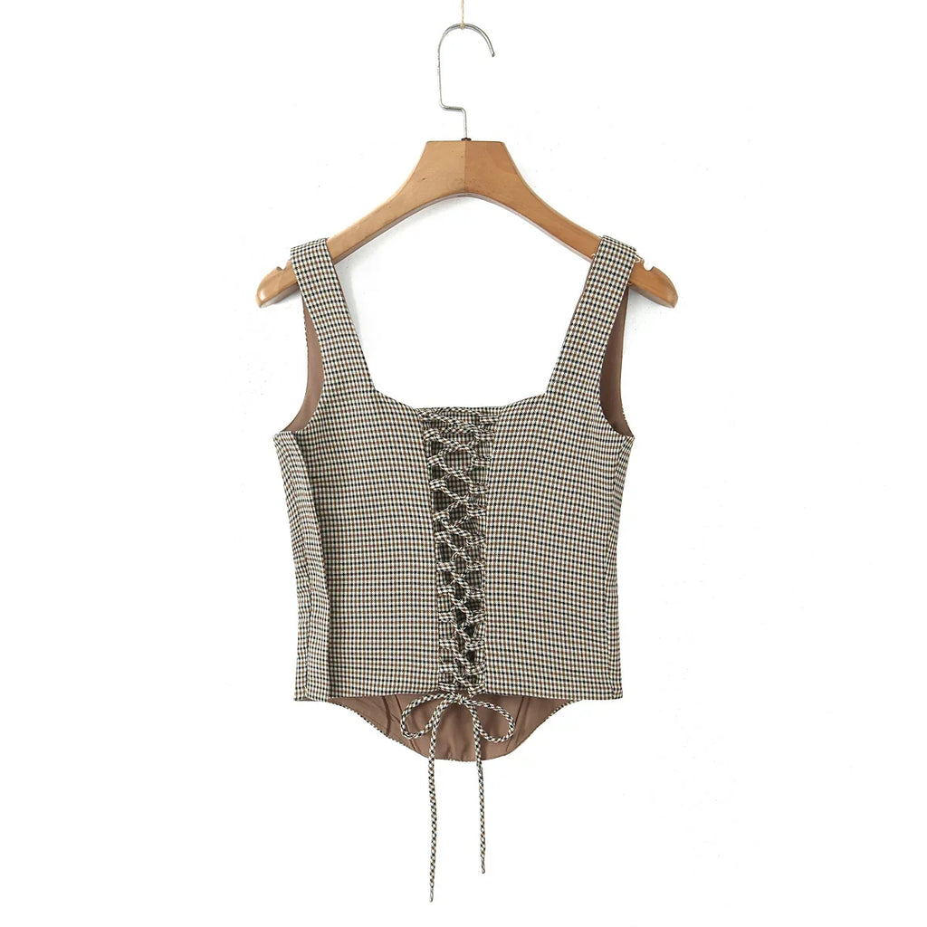 YENKYE 2025 Women Versatile Slim Brown Plaid Tight Corset Top Lacing Up Bandage Back High Street Summer Tank Top