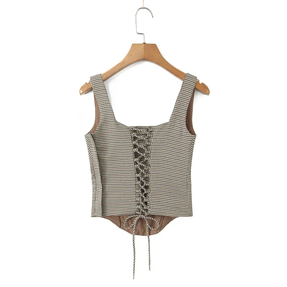 YENKYE 2025 Women Versatile Slim Brown Plaid Tight Corset Top Lacing Up Bandage Back High Street Summer Tank Top