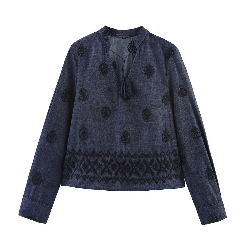 YENKYE Vintage Women Long Sleeve V Neck Embroidered  Blouse Spring Summer 2025 Streetwear Tops Blusas Mujer