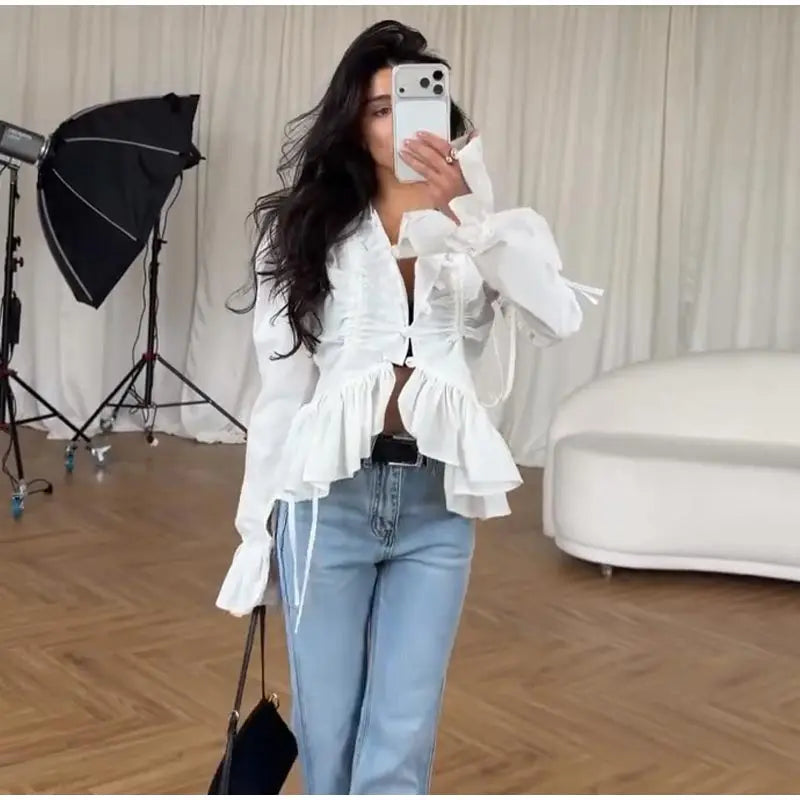 Fashion Street Ruffle Women's Blouse Solid Single Breasted Full Sleeve Pleated Cropped Shirt Lady New Casual Spring Clothing