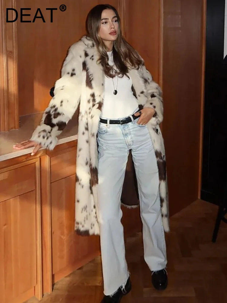 DEAT Fashion Tie Dye Faux Fur Coat Women's Lapel Loose Long Sleeves Plush Thick Overcoat Winter New 7A1355