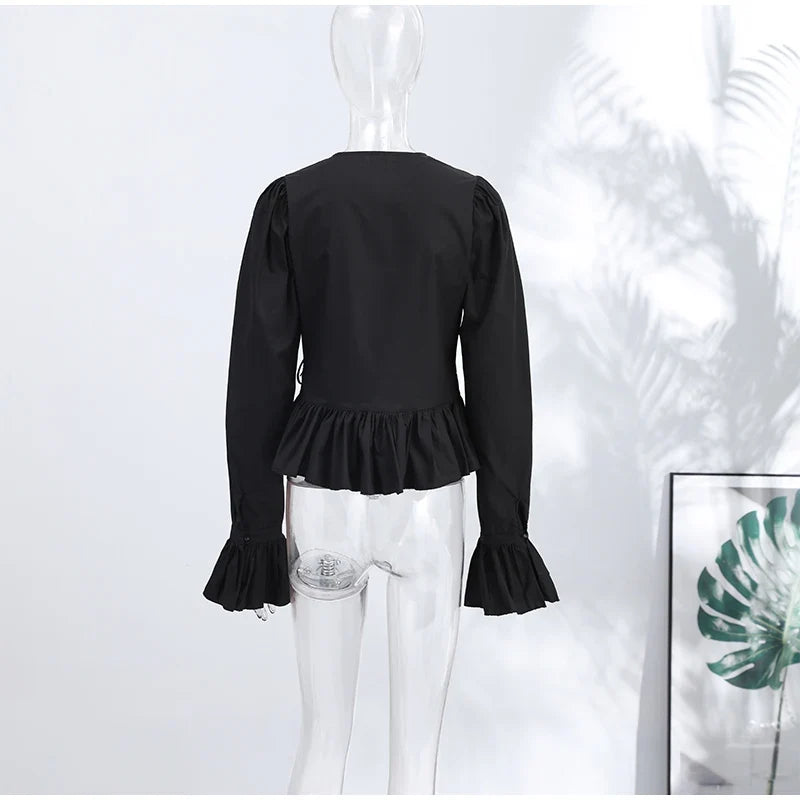 Fashion Street Ruffle Women's Blouse Solid Single Breasted Full Sleeve Pleated Cropped Shirt Lady New Casual Spring Clothing