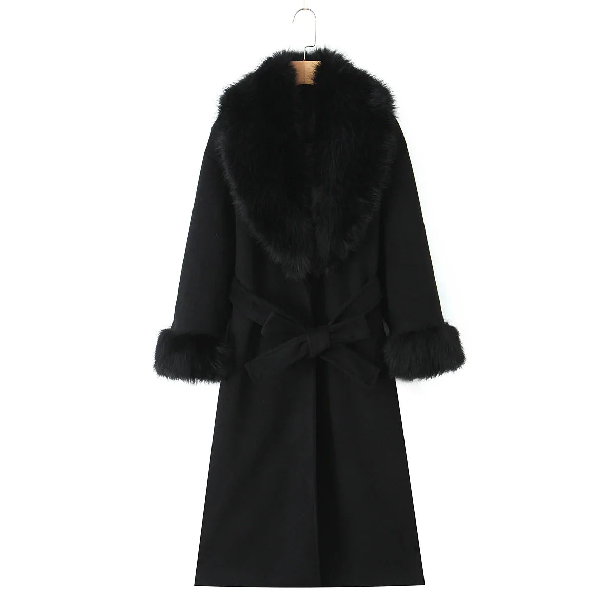 New Autumn Winter Black Shaggy Faux Fur Lapel Collar Woolen Coat Women Bow Sashes Long Sleeve No Button Midi Trench Outerwear