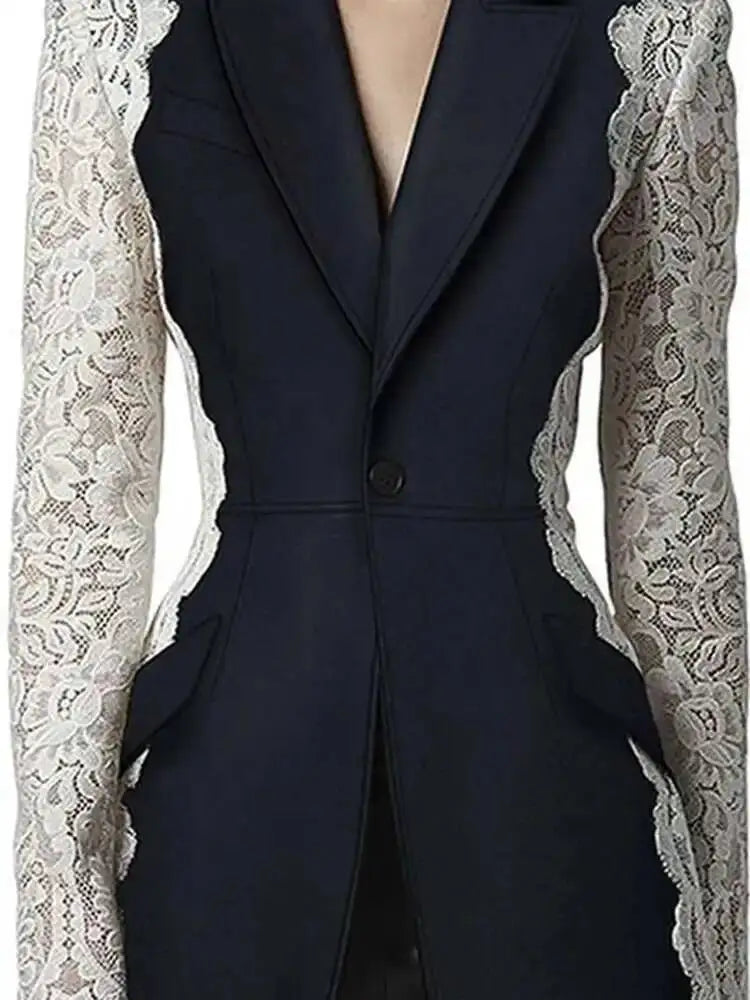 DEAT Fashion Women's Blazer New Fashion Notched Lace Patchwork Long Sleeve Contrast Suit Jackets Female Spring 2025 17A1298