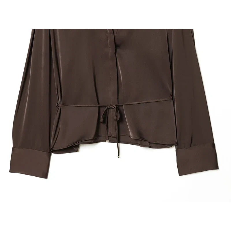 YENKYE New 2026 Women Elegant With Belt Satin Shirt Long Sleeve Front Button Spring Summer Office Shirts