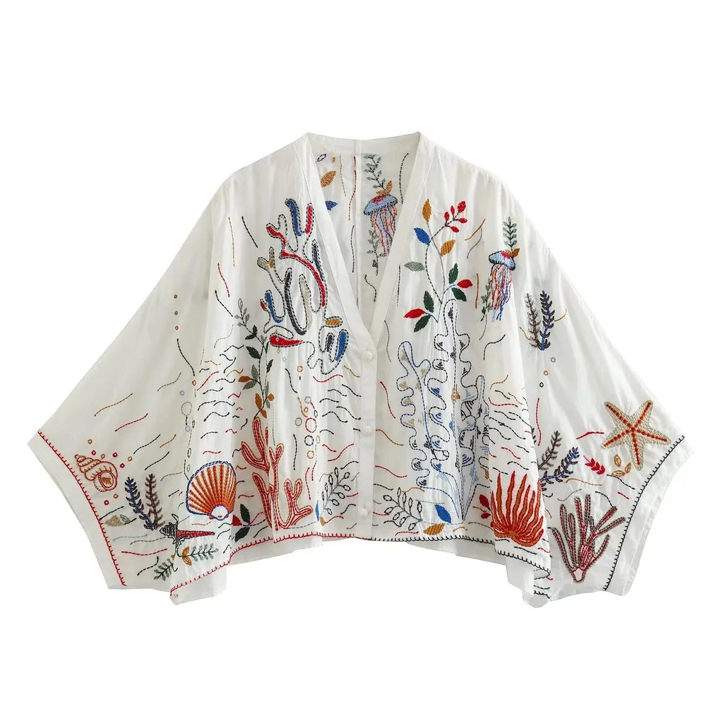 Foridol Marine Organism Embroidery Batwing Sleeve Summer Spring Maxi Skirt Set Cotton White Tassle Dress Set Outfits Button Suit