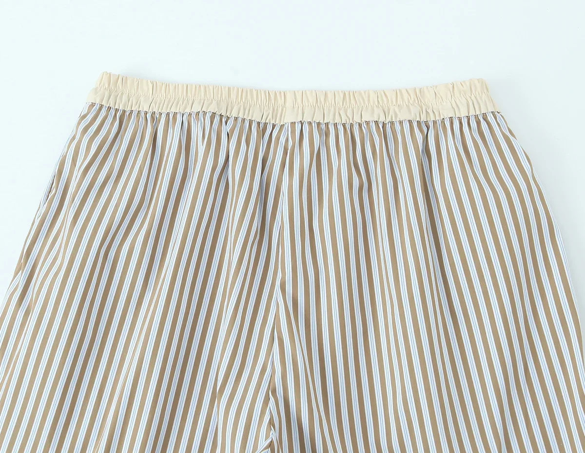 YENKYE Europe And America Striped Wide Leg Pants Women Vintage Elastic High Waist Casual Summer Trousers Female pantalones
