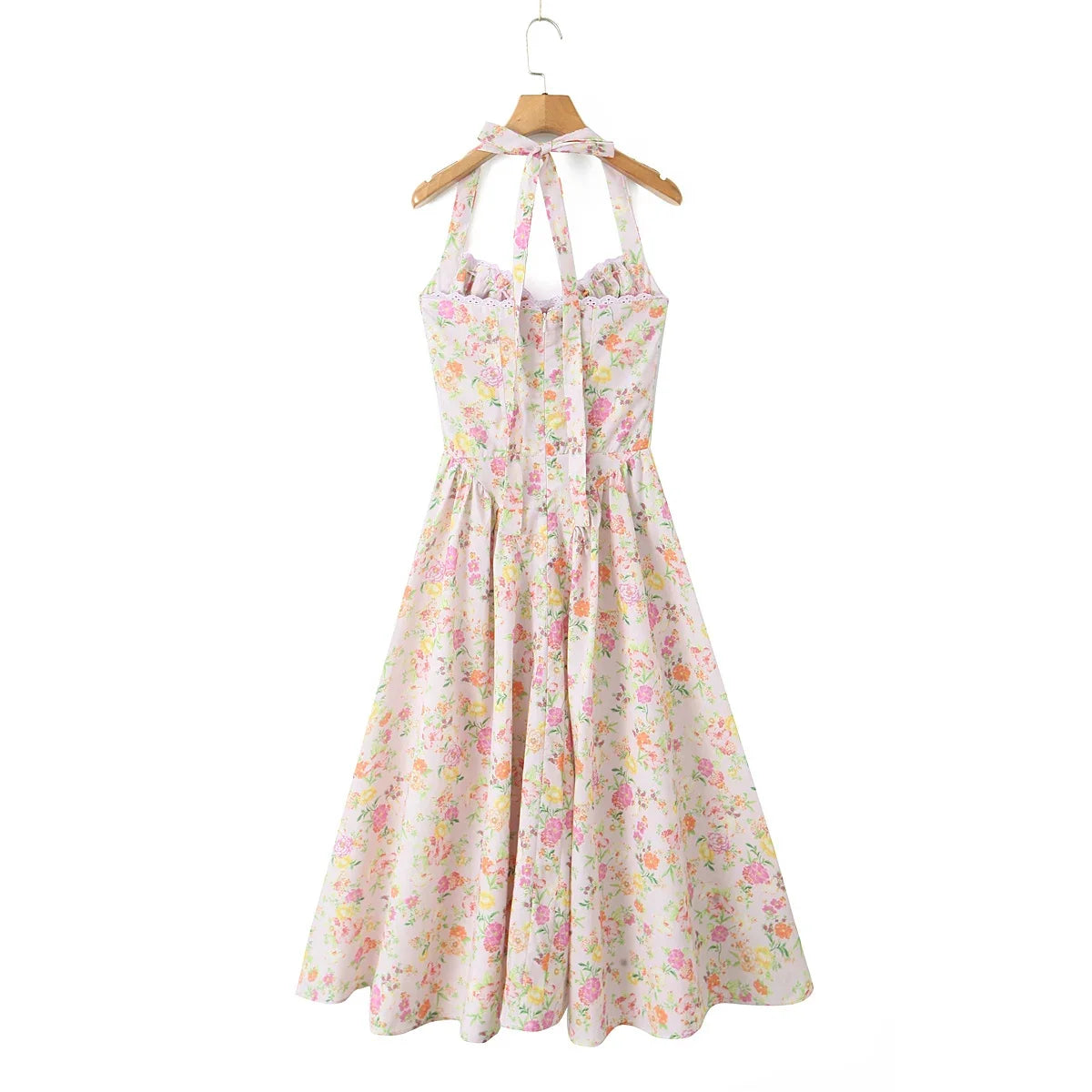 2024 Sexy Pink Corset Style Bow Halter Dress Spliced Lace Drawstring Rope Chest Pleated Slim Low Waist A-lined Swing Midi Robe
