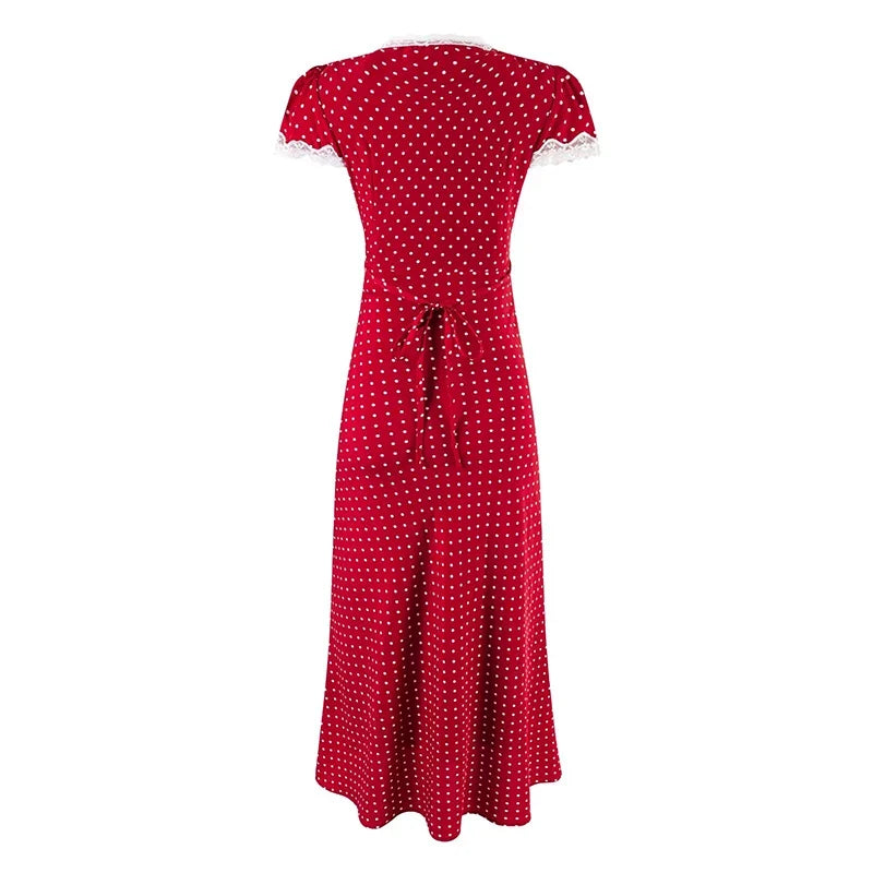 YENKYE 2025 Women French Polka Dot Red Dress Sexy Sweet Lace Trim V Neck Short Sleeve A-line Midi Summer Dresses Holiday Robe