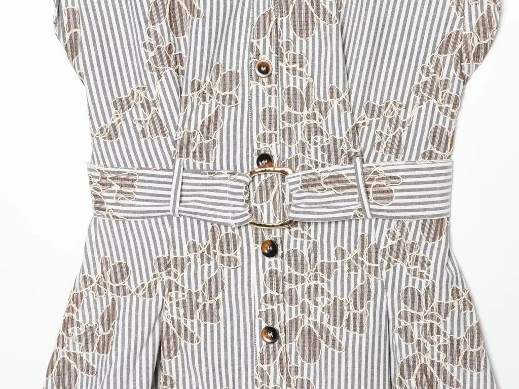 YENKYE 2026 Women Embroidery Striped Short Dress Sleeveless Front Button With Belt Shirt Dresses Office Casual Summer Vestidos