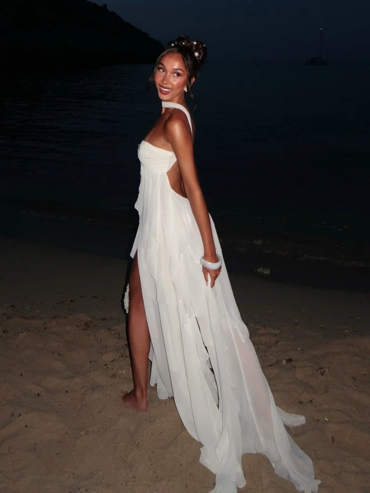 Sexy Halter Neck Folds Irregular Ruffles Long Dress Women Sleeveless Backless With Diamonds Stars Pin Dresses Party Beach Evenin