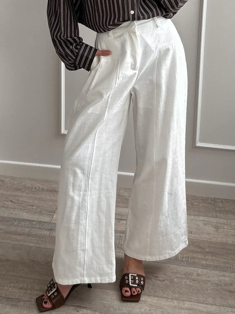 White Cotton Linen Pants Women Wide Leg Formal Trousers Summer Straight Leg Suit Pants High Waist Ladies Formal Pants Loose