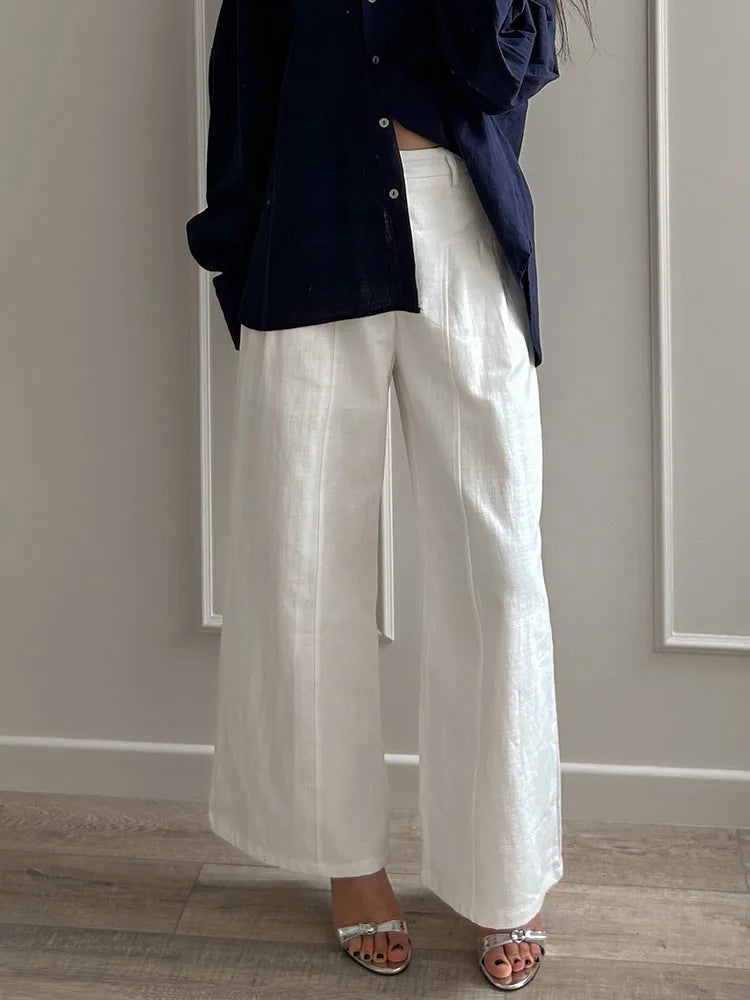 White Cotton Linen Pants Women Wide Leg Formal Trousers Summer Straight Leg Suit Pants High Waist Ladies Formal Pants Loose