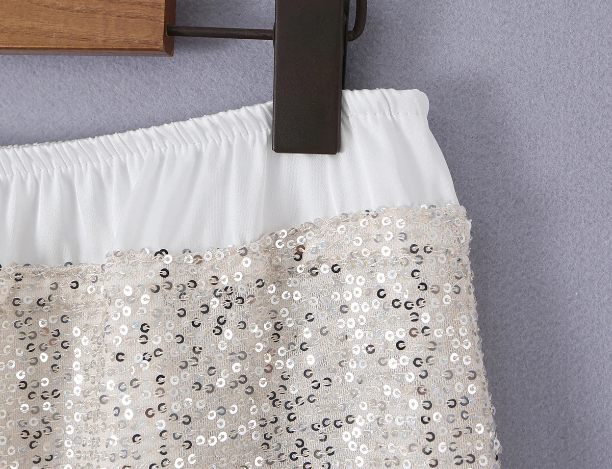 2026 Summer Women White Spliced Silver Sequins Mini Skirt Package Hips 2 Layers Rope Hem Short Skirts Femme Bottom