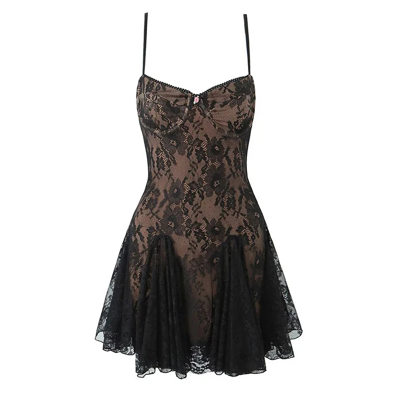 YENKYE New Fashion Women Spaghetti Straps Lace Sexy Dresses Black Beige Backless Hollow Out A-line Mini Dress Night Out Robe
