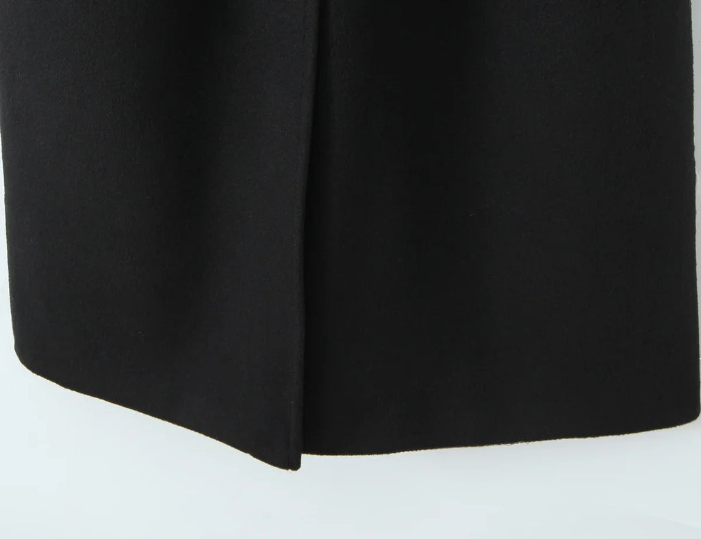 New Autumn Winter Black Shaggy Faux Fur Lapel Collar Woolen Coat Women Bow Sashes Long Sleeve No Button Midi Trench Outerwear