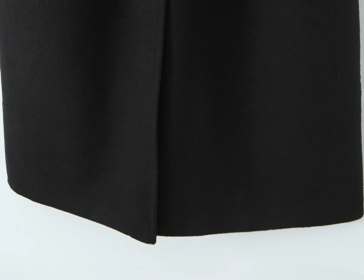 New Autumn Winter Black Shaggy Faux Fur Lapel Collar Woolen Coat Women Bow Sashes Long Sleeve No Button Midi Trench Outerwear
