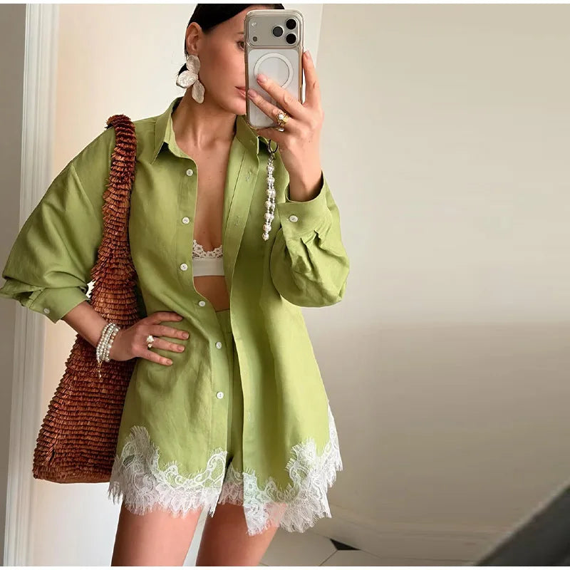 Beach Shirts Shorts Outfits Women Lapel Single Breasted Long Sleeves Lace Patchwork Sets Female 2026 Spring Summer Holiday Sets
