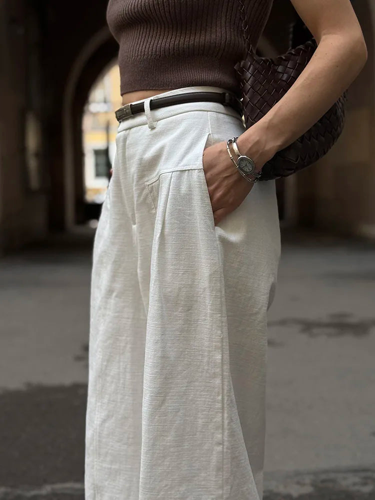 White Cotton Linen Pants Women Wide Leg Formal Trousers Summer Straight Leg Suit Pants High Waist Ladies Formal Pants Loose