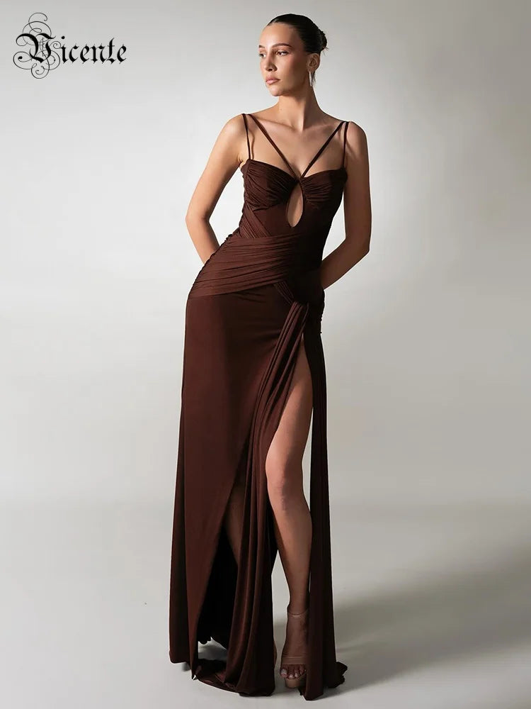 VC Chocolate Brown Strappy Sleeveless Draped Dress with High Slit & Cutout Detail for Formal Dinner Party Gown