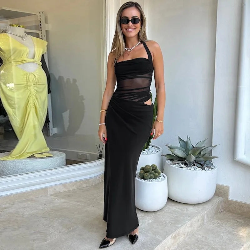 Cryptographic Elegant Halter Sexy Mesh Sheer Cut Out Maxi Dress Club Party Long Dresses Outfits Asymmetrical Ruched Gown Summer