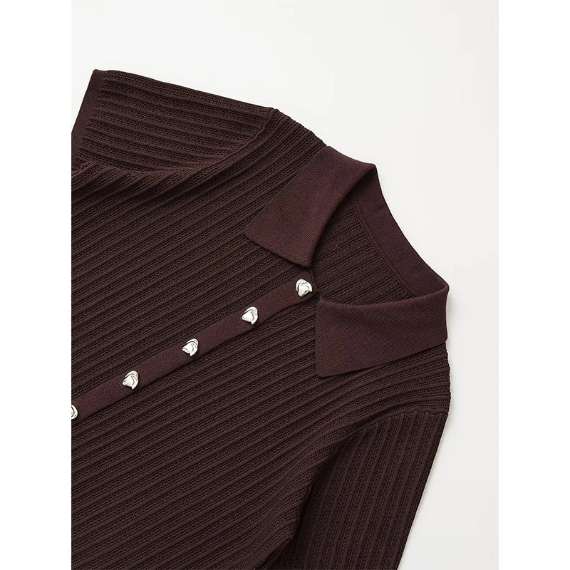 YENKYE Front Button Brown Hollow Out Knit T Shirt Women Short Sleeve Lapel Collar Female Summer Tees Casual  Lady Shirts 2025