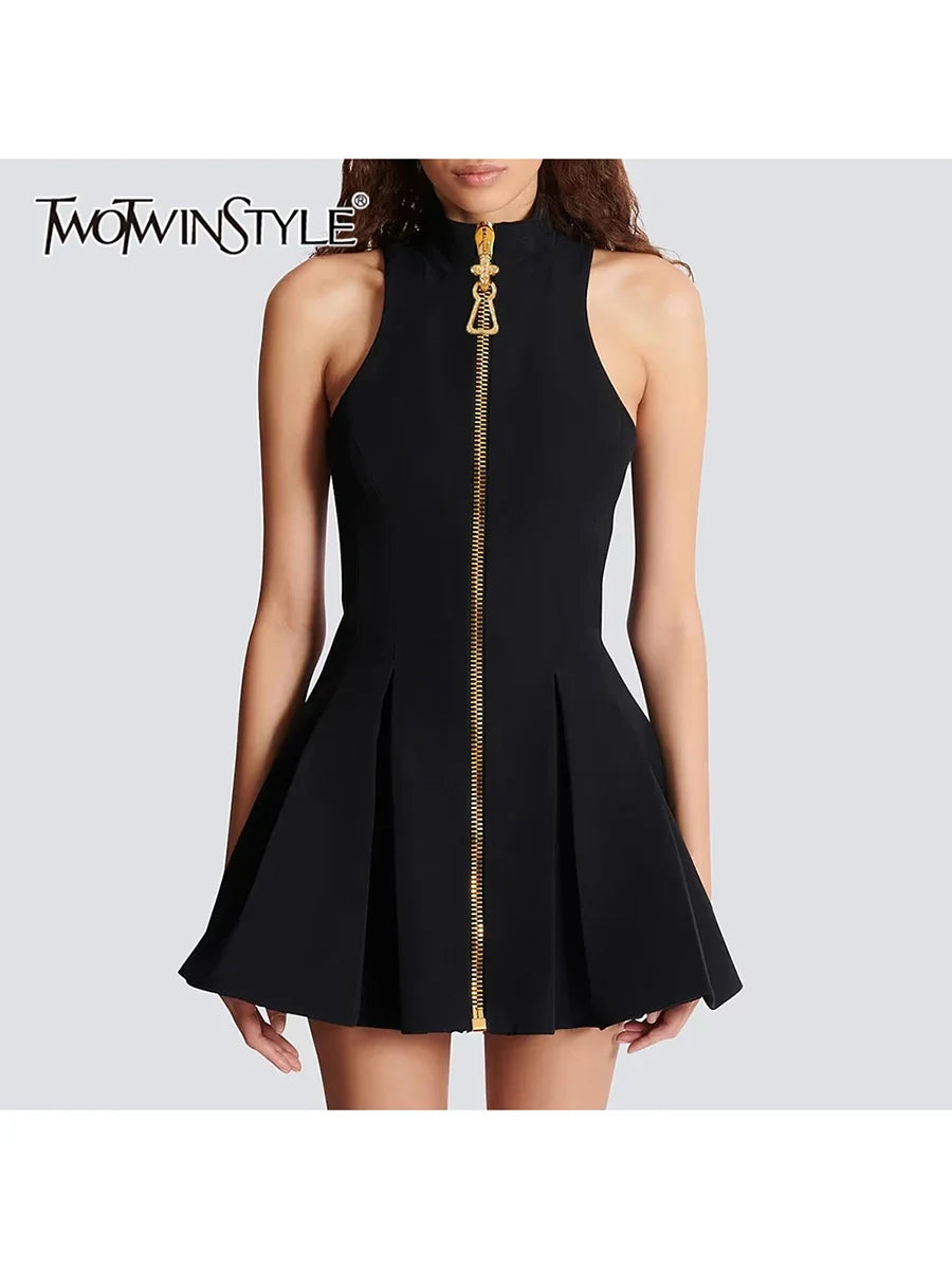 TWOTWINSTYLE Slimming Spliced Zipper Fashion Mini Dresses for Women High Neck Sleeveless High Waist Patchwork Folds Dress Female
