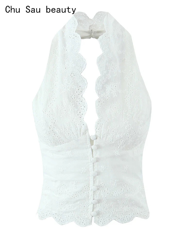 2024 Women Summer Vintage Solid Button Cropped Tank Tops Fashion Halter Neck Sleeveless Backless Female Casual Tops Vestidos