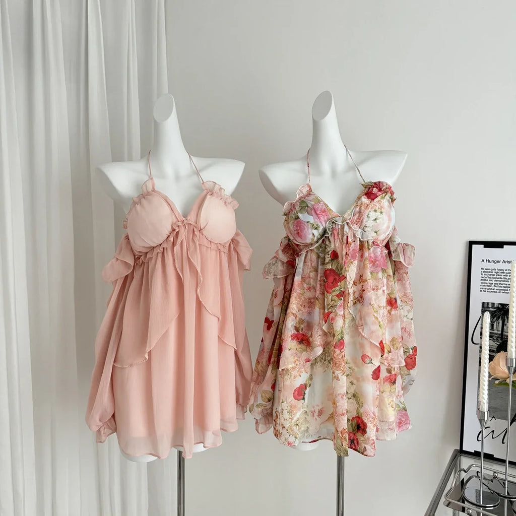 Summer French Vintage Mini Fairy Chiffon Floral Lantern Sleeve Dress Women Mori Romantic Frock Evening Court One-Piece Gyaru New