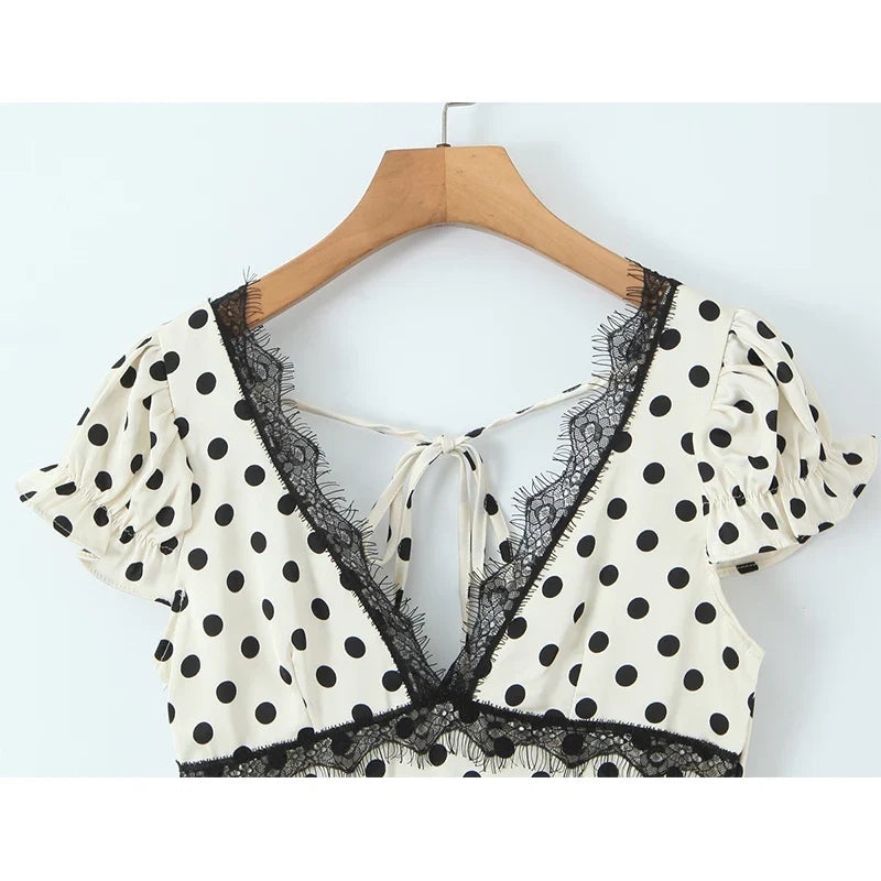 YENKYE New 2026 Women Lace Trim Polka Dot Dress Short Sleeve V Neck A-line Summer Sexy Backless Dresses