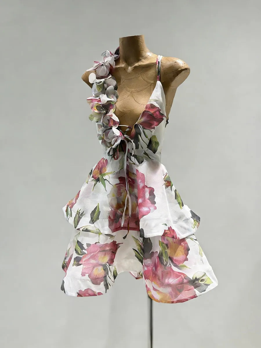 TWOTWINSTYLE Printing Spliced 3D Flower Sexy Dresses for Women V Neck Sleeveless Backless Patchwork Ruffles Fashion Dress Female