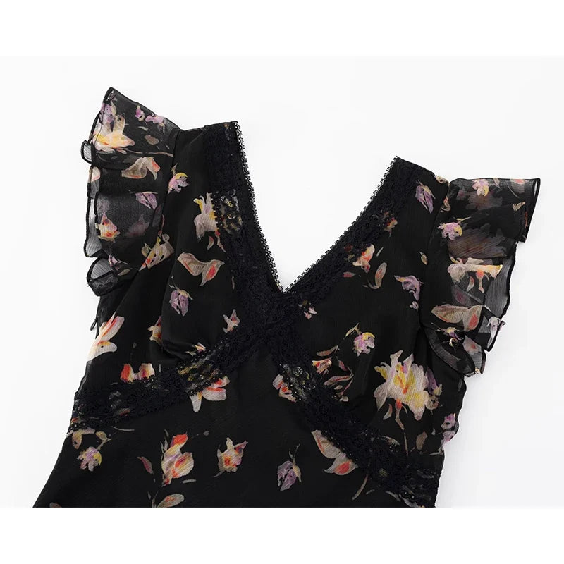 YENKYE French Style Floral Print Elegant Summer Dress For Women Flying Sleeve V Neck A-line Midi Dress Vacation Vestidos 2026