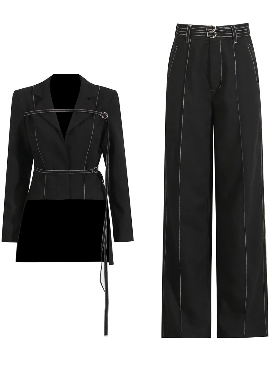 TWOTWINSTYLE Burgundy Two Piece Set For Women Notched Collar Long Sleeve Top High Waist Straight Pant Temperament Sets Female