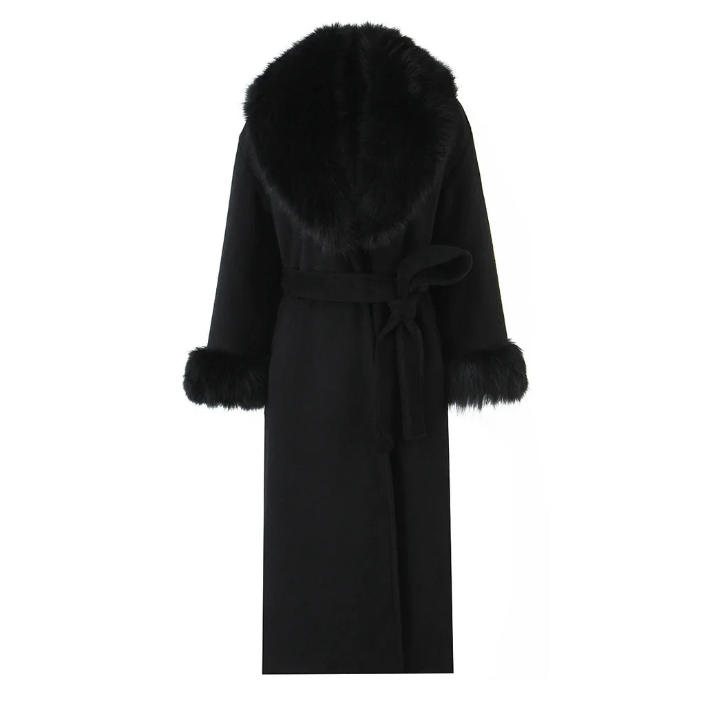 New Autumn Winter Black Shaggy Faux Fur Lapel Collar Woolen Coat Women Bow Sashes Long Sleeve No Button Midi Trench Outerwear