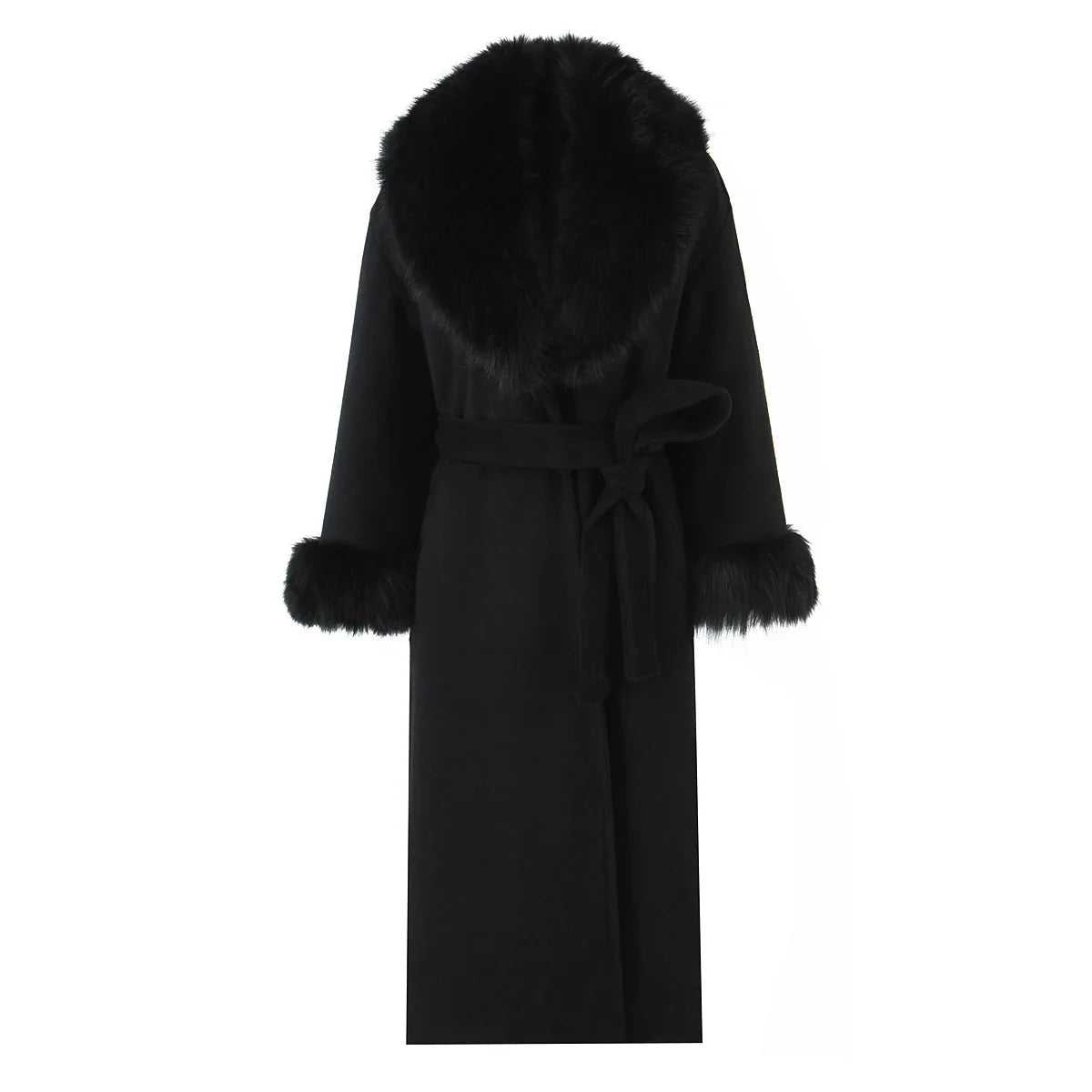 New Autumn Winter Black Shaggy Faux Fur Lapel Collar Woolen Coat Women Bow Sashes Long Sleeve No Button Midi Trench Outerwear