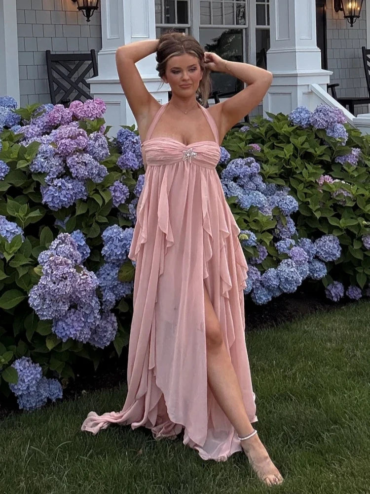 Sexy Halter Neck Folds Irregular Ruffles Long Dress Women Sleeveless Backless With Diamonds Stars Pin Dresses Party Beach Evenin