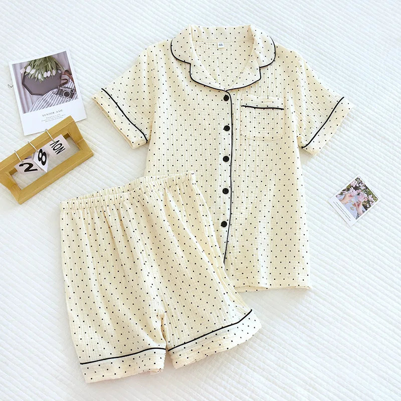 100% Cotton Gauze Women Pajamas Polka Dot Print Sleepwear 2025 Spring Female 2 Piece Set Nightwear Lady Pyjamas Loungewear