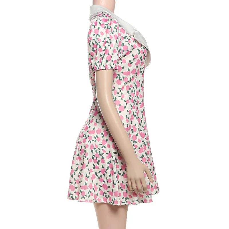 Tornova Flower Print Puff Sleeve Dress Women's Lapel Sexy Slim Mini French Dress Elegant Contrast Party Dress Female Fashion
