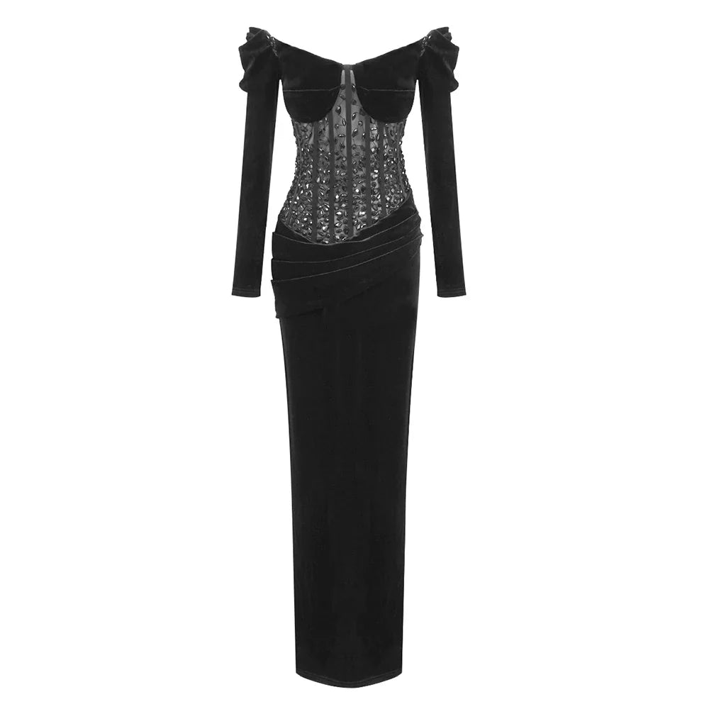 VC Sexy Mermaid Evening Dresses Black Long Sleeve Crystal Prom Gown Corset Off The Shoulder Satin Surface Shining Sequins Dress