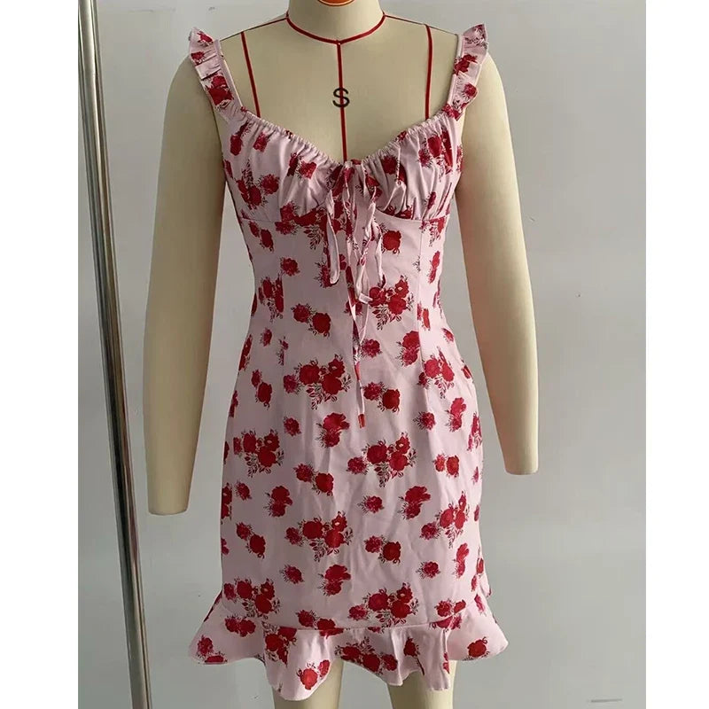 YENKYE 2026 Summer Floral Print Mini Dress Women Ruffle Strap V Neck A-line Sundress Holiday Robe