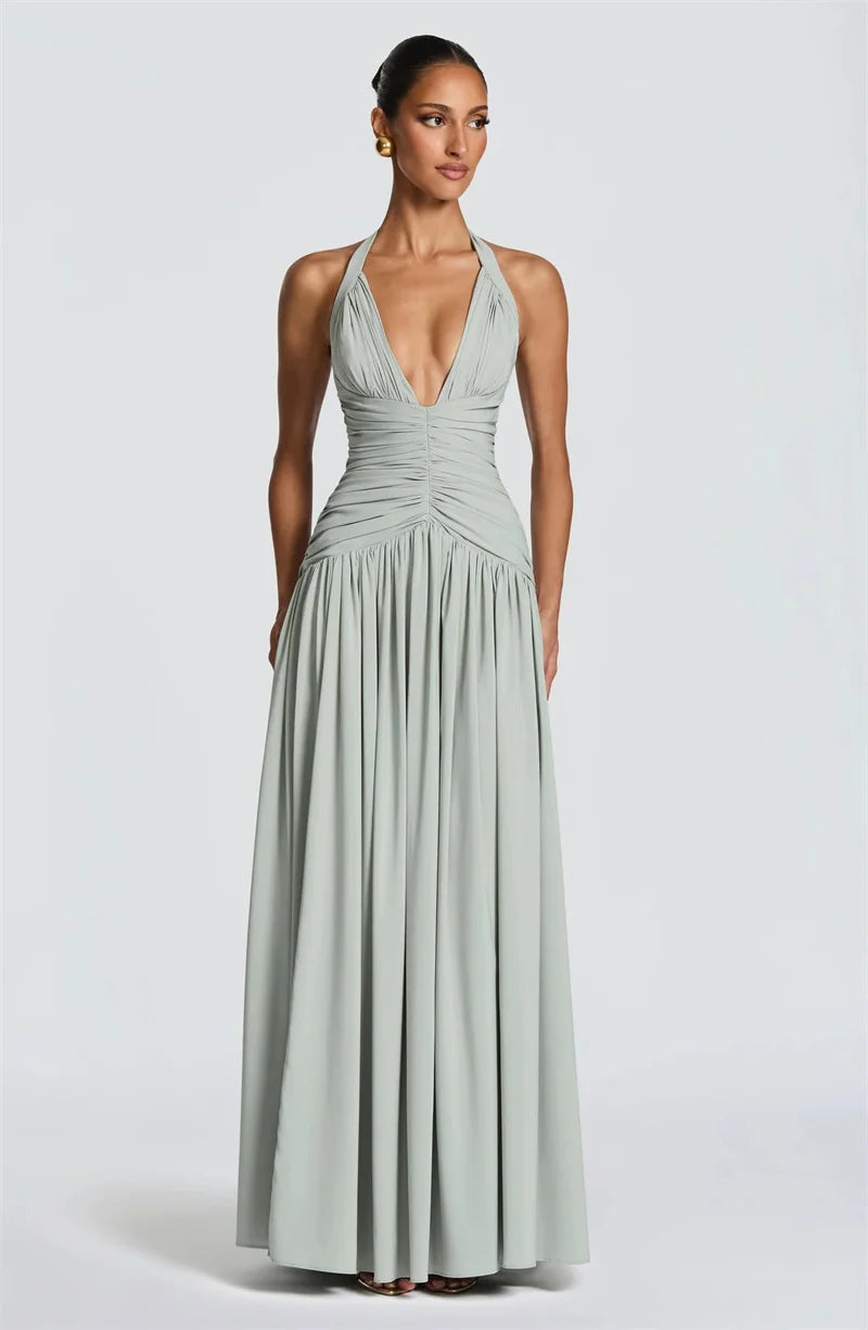 Mozision Halter Deep V Neck Sexy Maxi Dress Women Elegant Off-shoulder Sleeveless High Split Pleated Club Party Long Dress