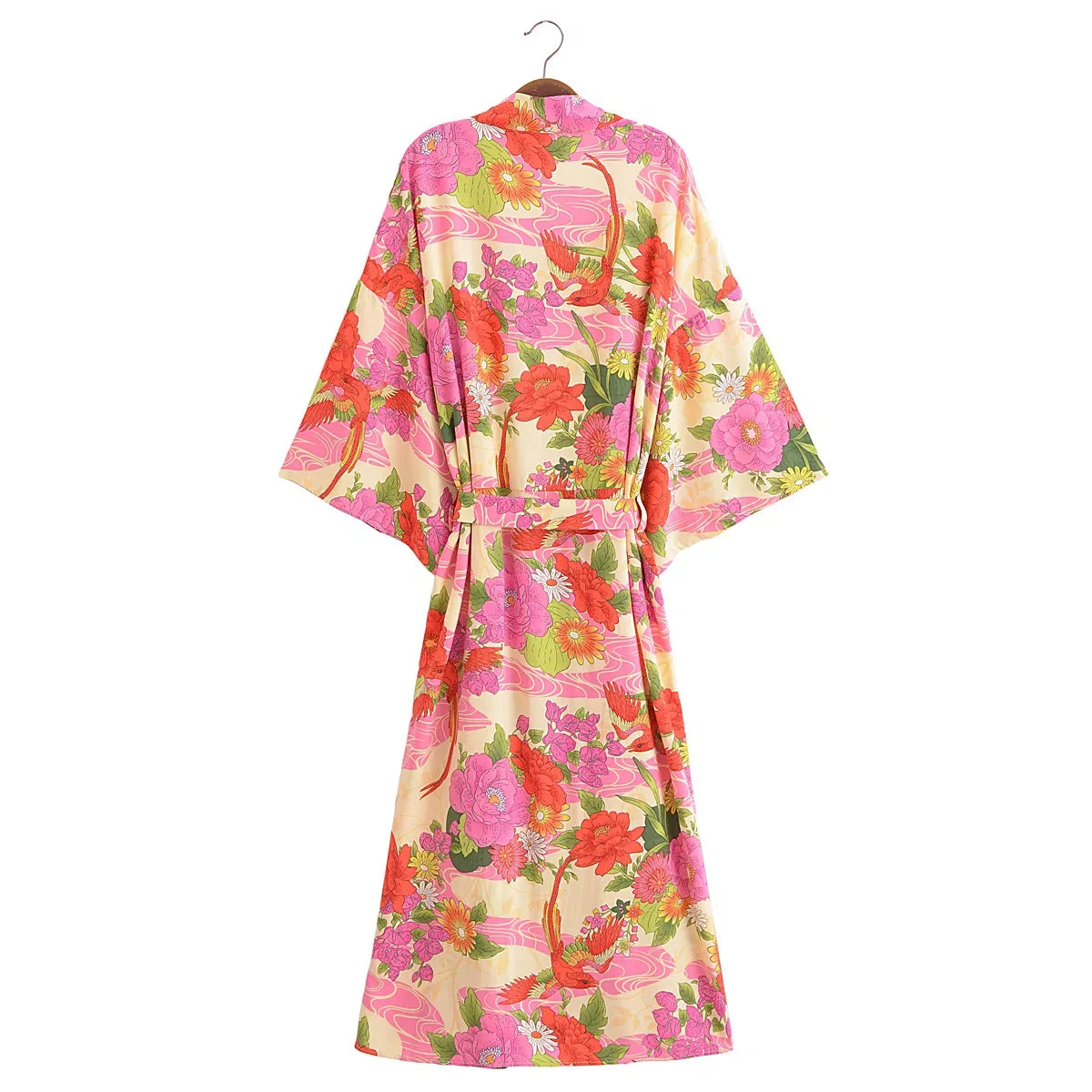 2024 BOHO Orange Flower Bird Print Long Kimono Shirt Ethnic Lacing up Sashes Midi Long Holiday Cardigan Robe Loose Blouse Tops